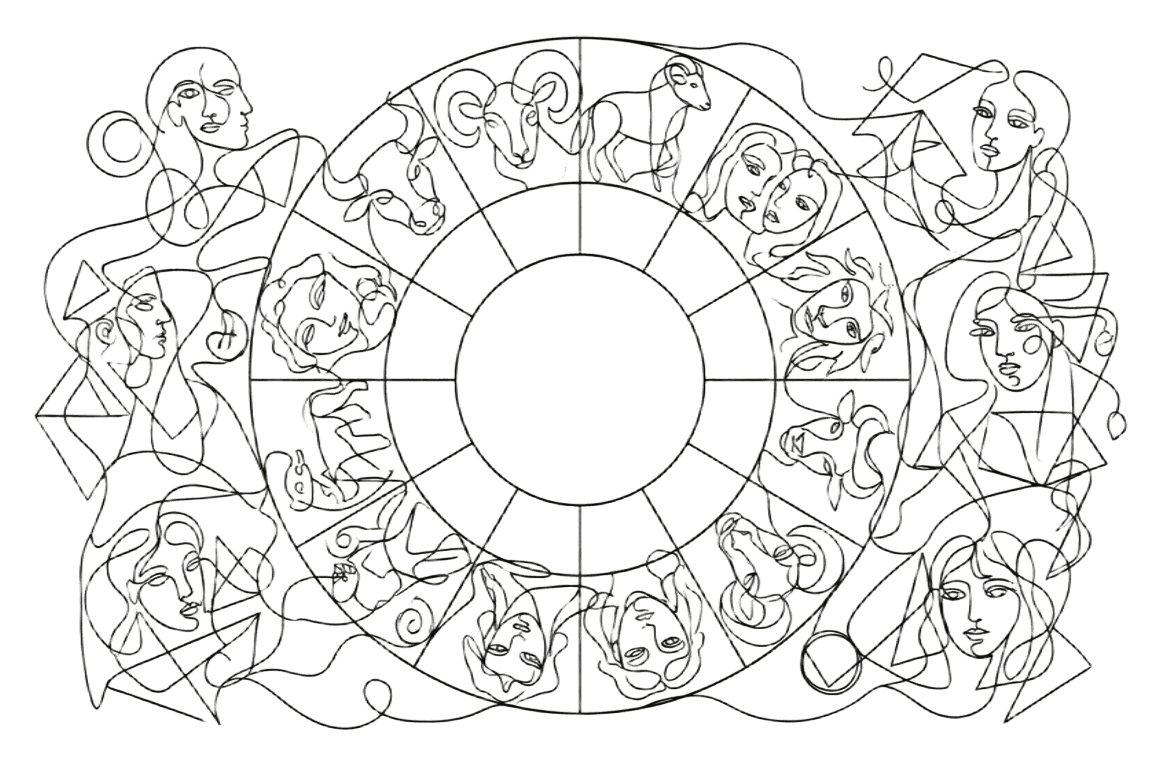 illustration d'un roue astrologique line art façon Picasso